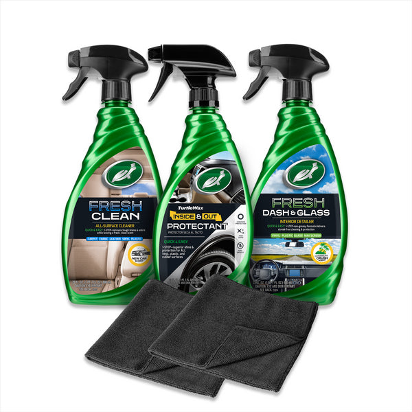 Fresh Clean, Inside & Out Protectant, Dash and Glass and two black microfibers are displayed with a white background.