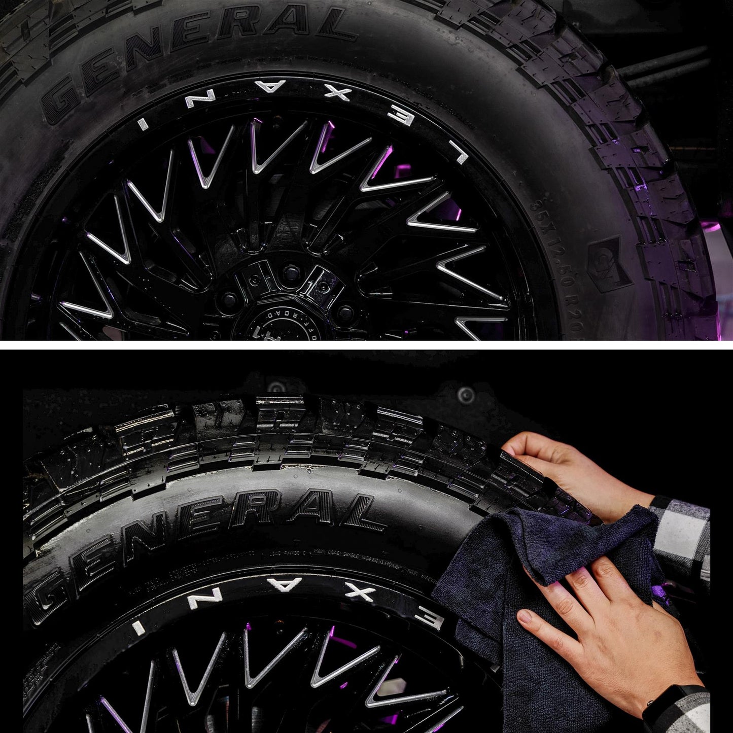 Shiny black wheel & tire. Detailing cloth cleaning the tire. "General" brand tire is visible.