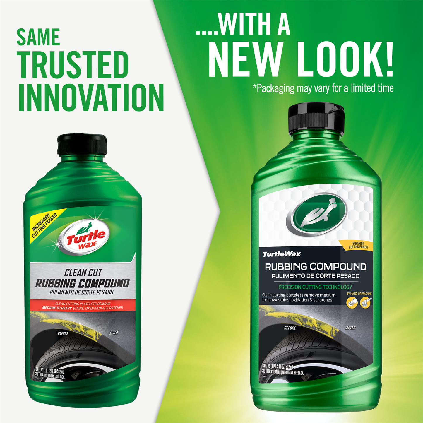 Turtle Wax rubbing compound to remove scratches and oxidation. Green bottle with before and after auto paint damage photos.
