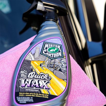 Turtle Wax Mister Cartoon Quick Wax with a skeleton driver on the label sits on a pink cloth. Car care.