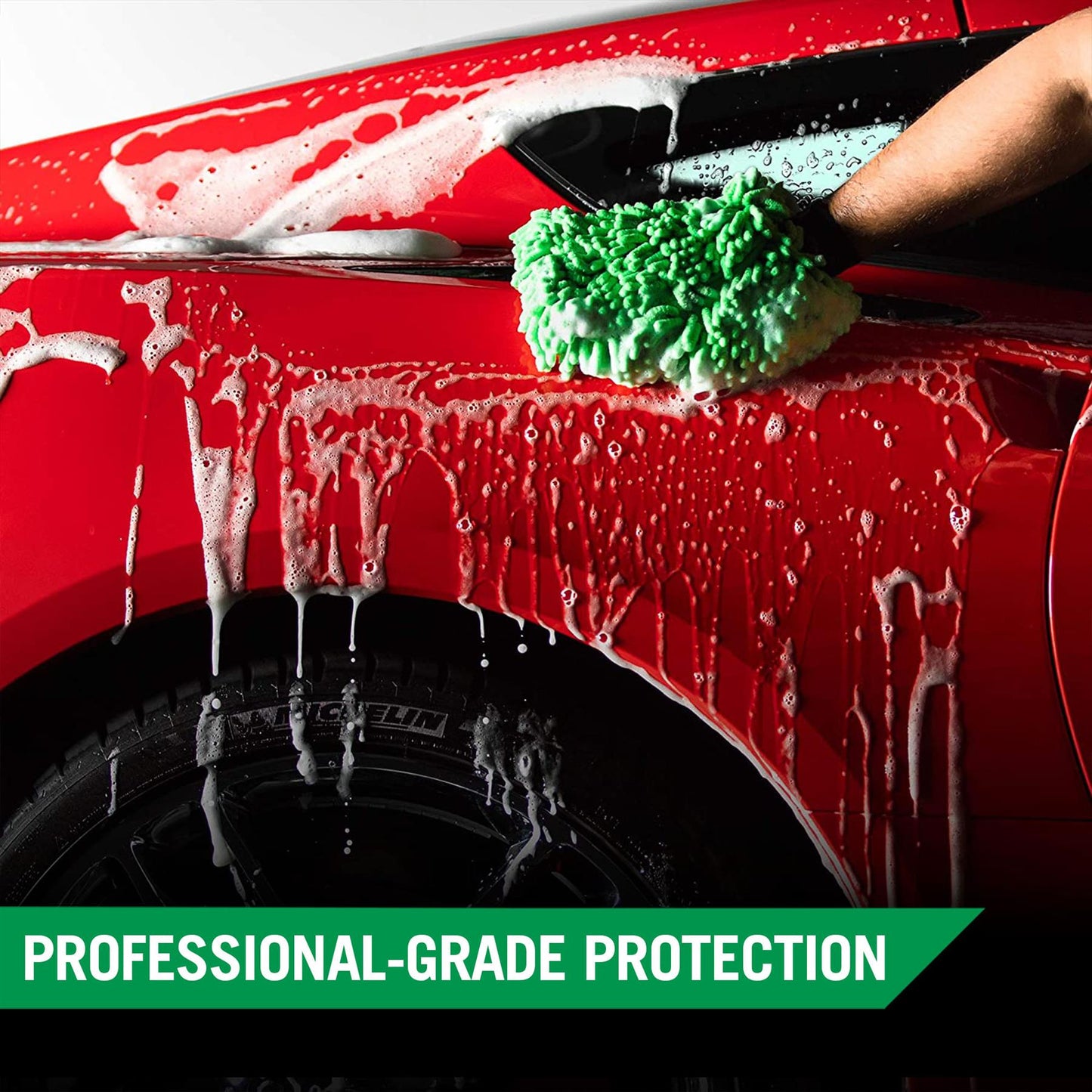 Red car washing with foamy soap, green mitt, and Turtle Wax's advanced ceramic car care. Ultimate car cleaning.