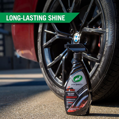 Turtle Wax Hybrid Solutions Graphene Acrylic Tire Shine spray coating for long-lasting protection and deep dark gloss on car tires.