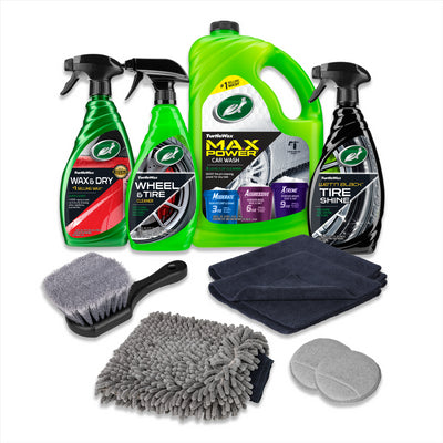 Turtle Wax car detailing kit for auto cleaning & care. Includes wash, wax, wheel cleaner, tire shine, brush, microfiber towels. US auto care.