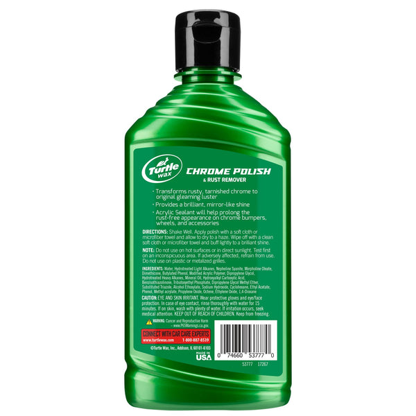Turtle Wax Chrome Polish & Rust Remover restores a mirror-like shine to metal bumpers, wheels, & accessories. Made in USA.