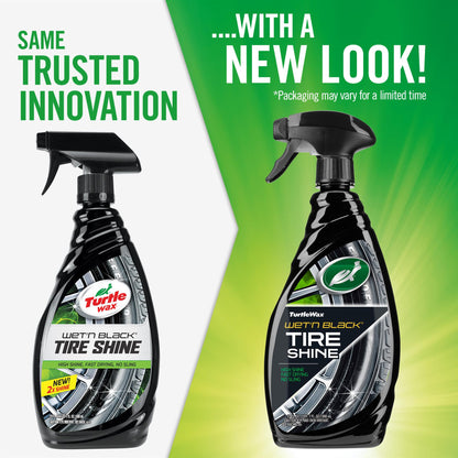 Turtle Wax Wet'n Black tire shine spray comparison, old versus new packaging. High shine, fast drying, no sling.