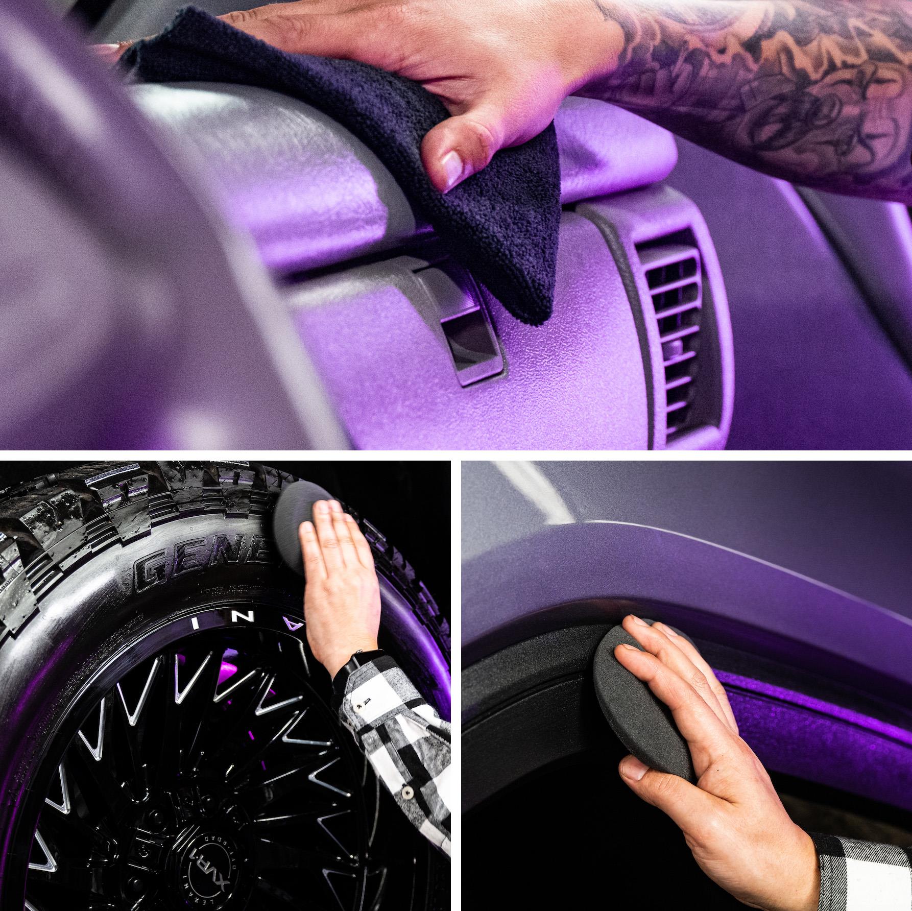 Detailing vehicle interior & exterior: Dashboard cleaning, tire shine application, and plastic trim protection.