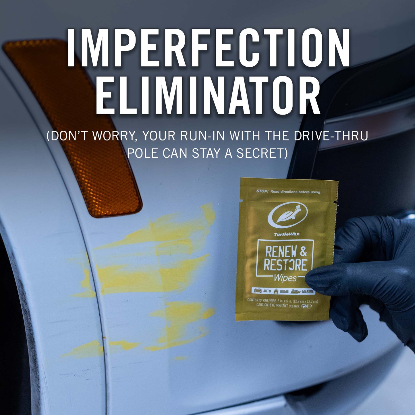 Hand holding a package of 'Renew & Restore' wipes near a car with a yellow stain, with text about imperfection eliminator.