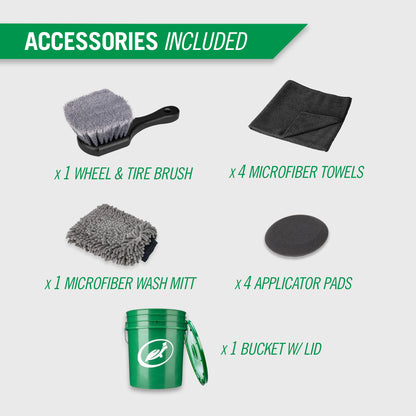 Turtle Wax car care kit includes: wheel brush, microfiber towels, wash mitt, applicator pads, bucket with lid & grit guard for auto detailing.