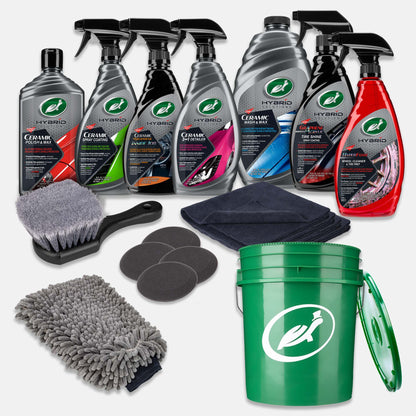Turtle Wax car care kit. Ceramic polish, spray coating, and wash & wax are included with tire shine and wheel cleaner.