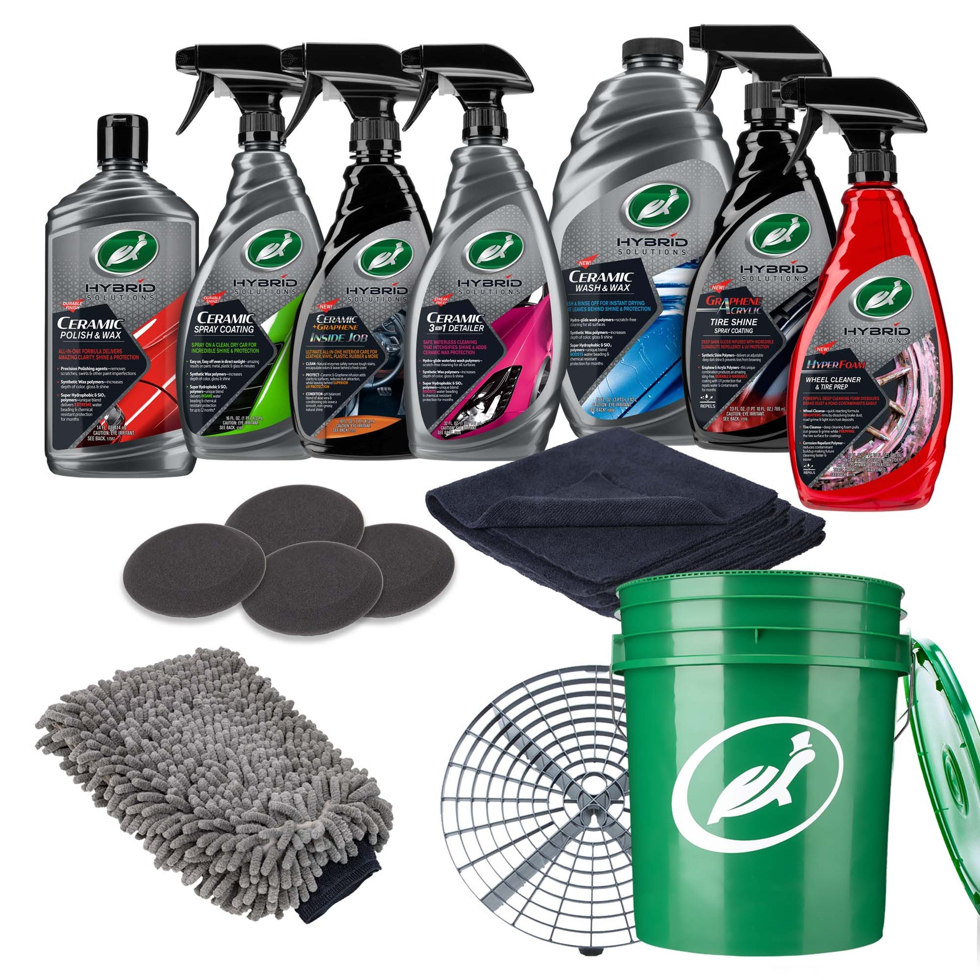 Turtle Wax car care kit. Ceramic polish, spray coating, and wash & wax are included with tire shine and wheel cleaner.
