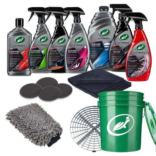 Turtle Wax car care kit. Ceramic polish, spray coating, and wash & wax are included with tire shine and wheel cleaner.