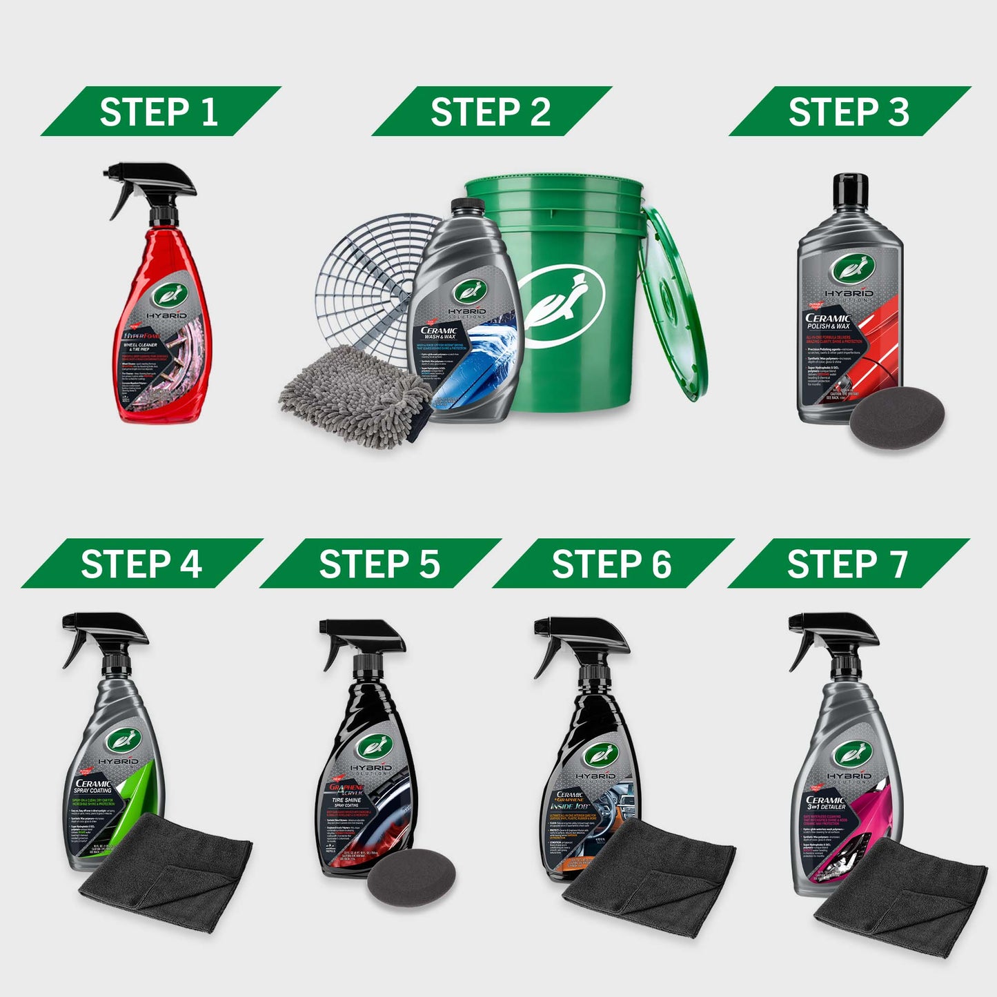 Turtle Wax Hybrid Solutions for car detailing: Wheel cleaner, ceramic wash, polish, spray coating, tire shine, interior cleaner, & 3-in-1 detailer.