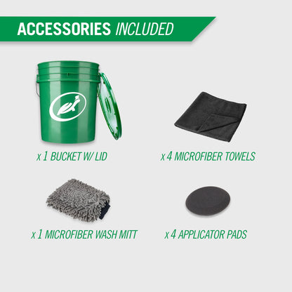 Turtle Wax car care kit includes: wheel brush, microfiber towels, wash mitt, applicator pads, bucket with lid & grit guard for auto detailing.