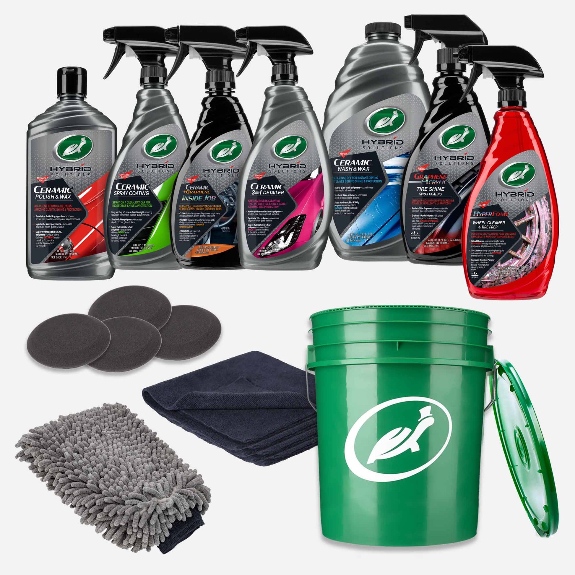 Turtle Wax car care kit. Ceramic polish, spray coating, and wash & wax are included with tire shine and wheel cleaner.