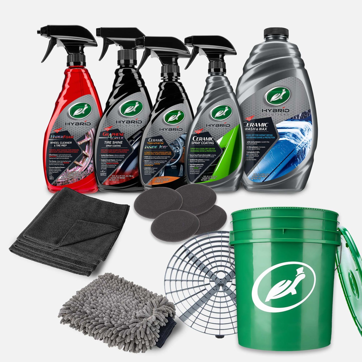 Turtle Wax car care kit. Includes tire shine, spray coatings, wheel cleaner, interior detailer, wash & wax, plus accessories. Hybrid Solutions.