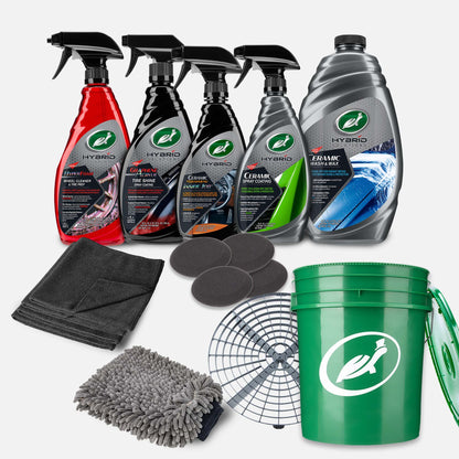 Turtle Wax car care kit. Includes tire shine, spray coatings, wheel cleaner, interior detailer, wash & wax, plus accessories. Hybrid Solutions.