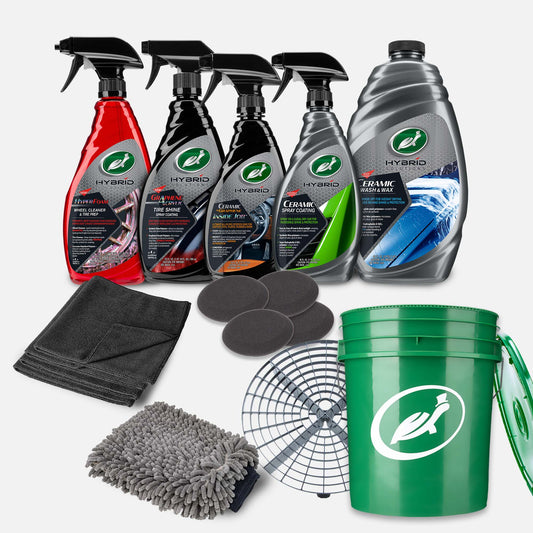 Turtle Wax car care kit. Includes tire shine, spray coatings, wheel cleaner, interior detailer, wash & wax, plus accessories. Hybrid Solutions.