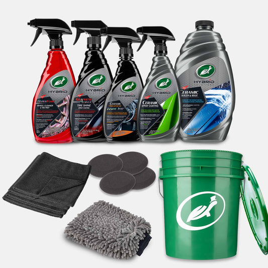 Turtle Wax car care kit. Includes tire shine, spray coatings, wheel cleaner, interior detailer, wash & wax, plus accessories. Hybrid Solutions.