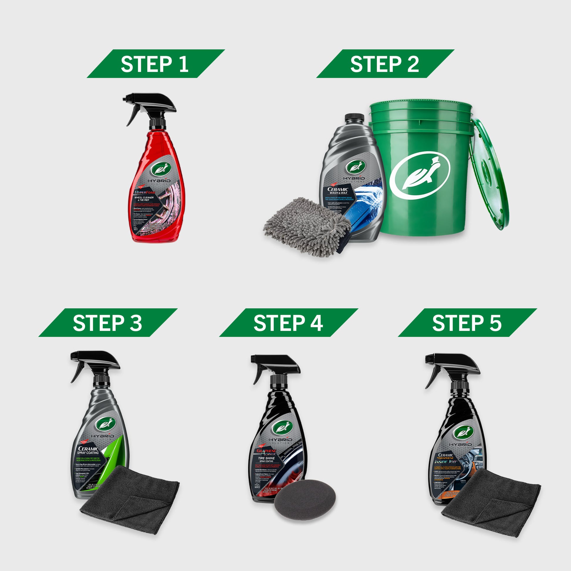 Turtle Wax kit with wheel brush, microfiber towels & mitt, applicator pads, bucket with grit guard. For car detailing, & auto cleaning in the US.