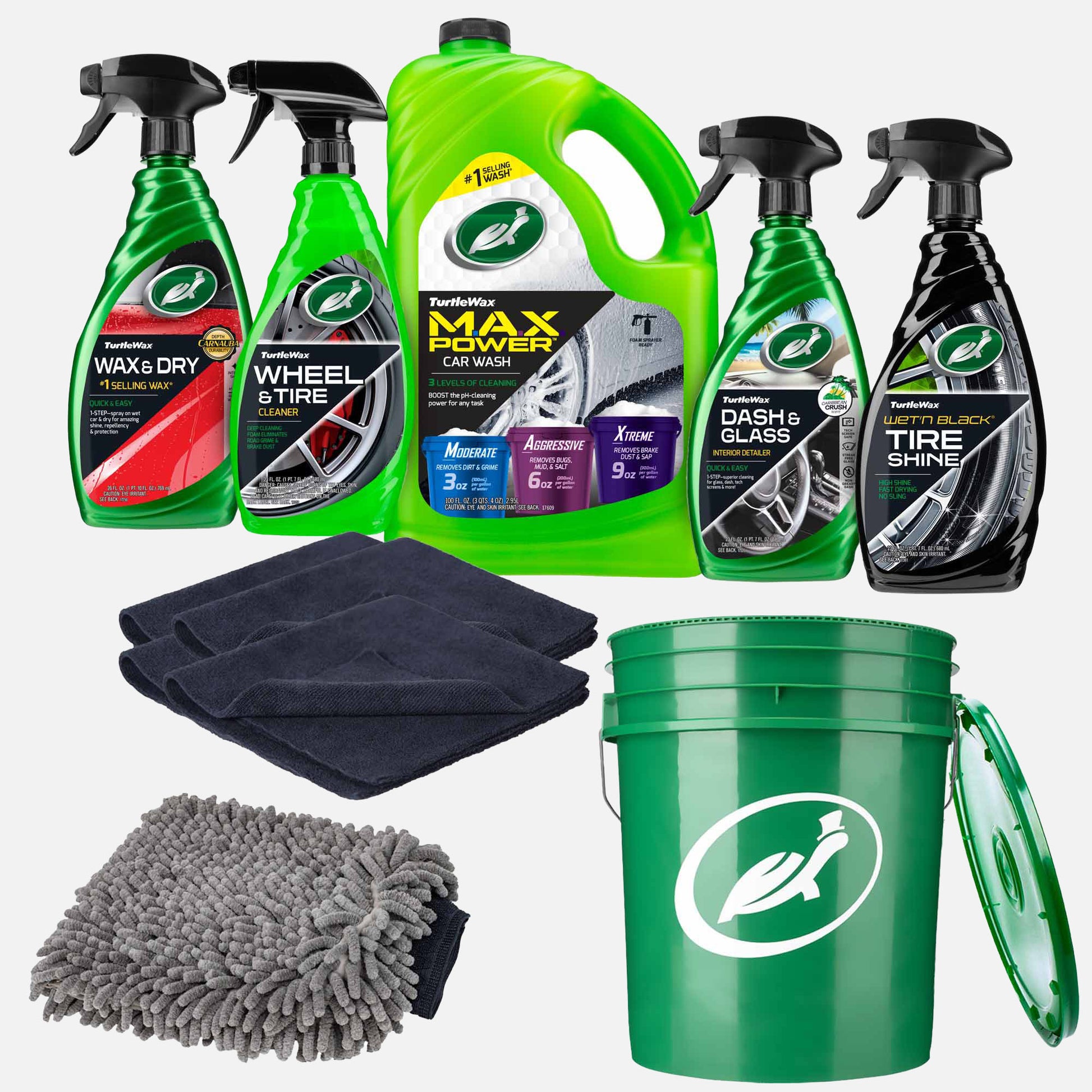 Complete car care with Turtle Wax! This auto detailing kit includes car wash, wax, wheel cleaner, dash, tire shine, and cleaning tools.