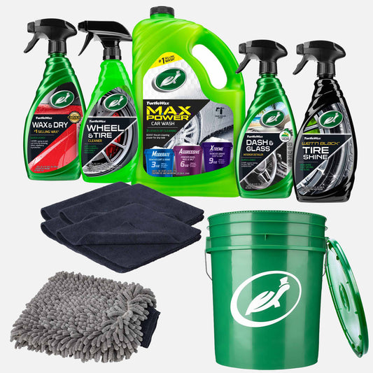 Complete car care with Turtle Wax! This auto detailing kit includes car wash, wax, wheel cleaner, dash, tire shine, and cleaning tools.
