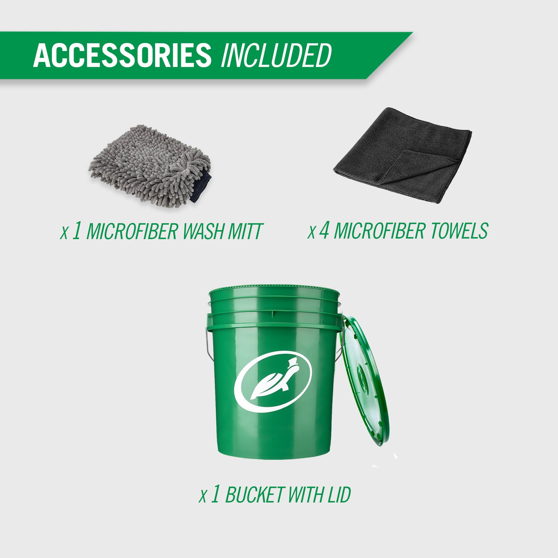Car care kit contents: wheel brush, microfiber towels, wash mitt, and Turtle Wax bucket with lid.