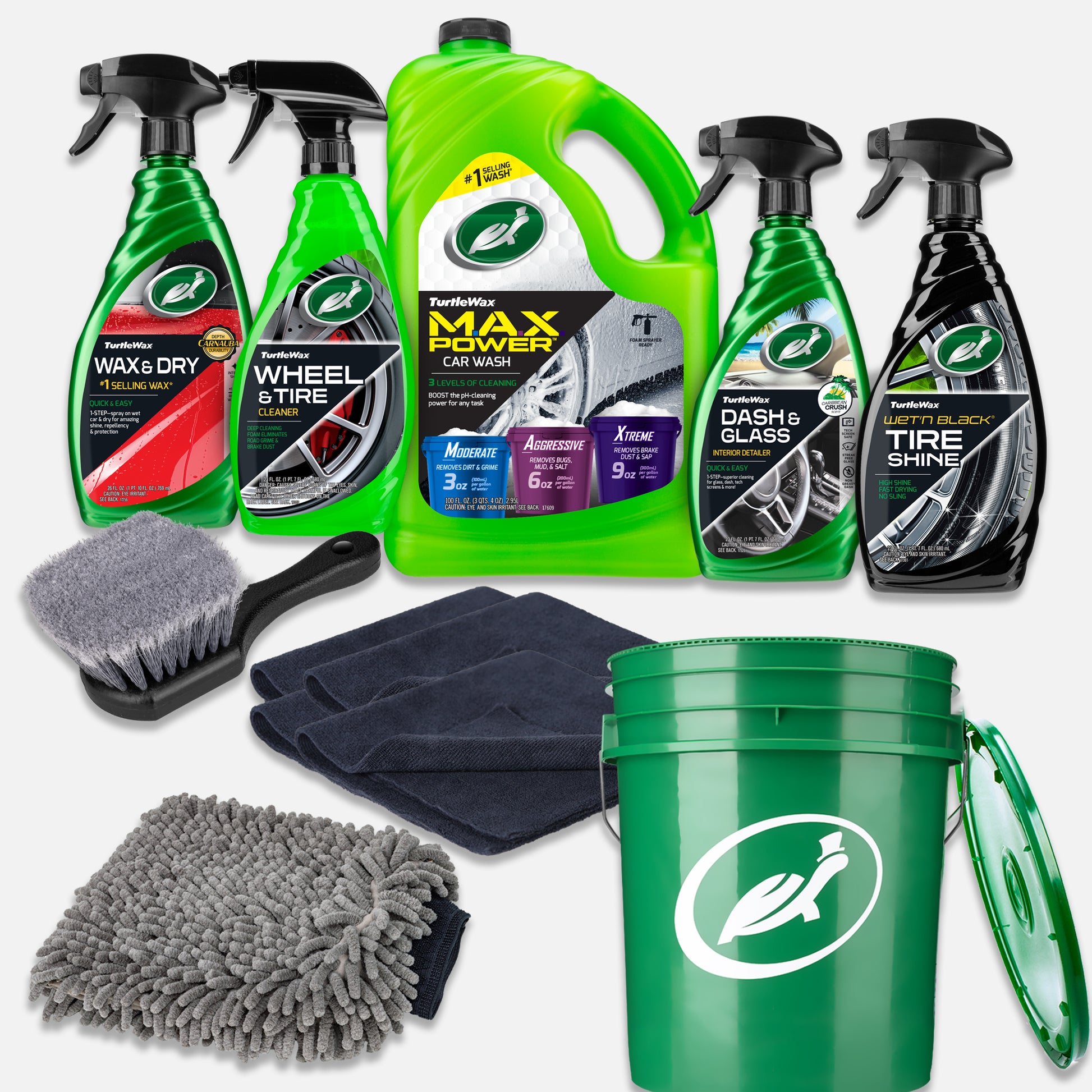 Complete car care with Turtle Wax! This auto detailing kit includes car wash, wax, wheel cleaner, dash, tire shine, and cleaning tools.