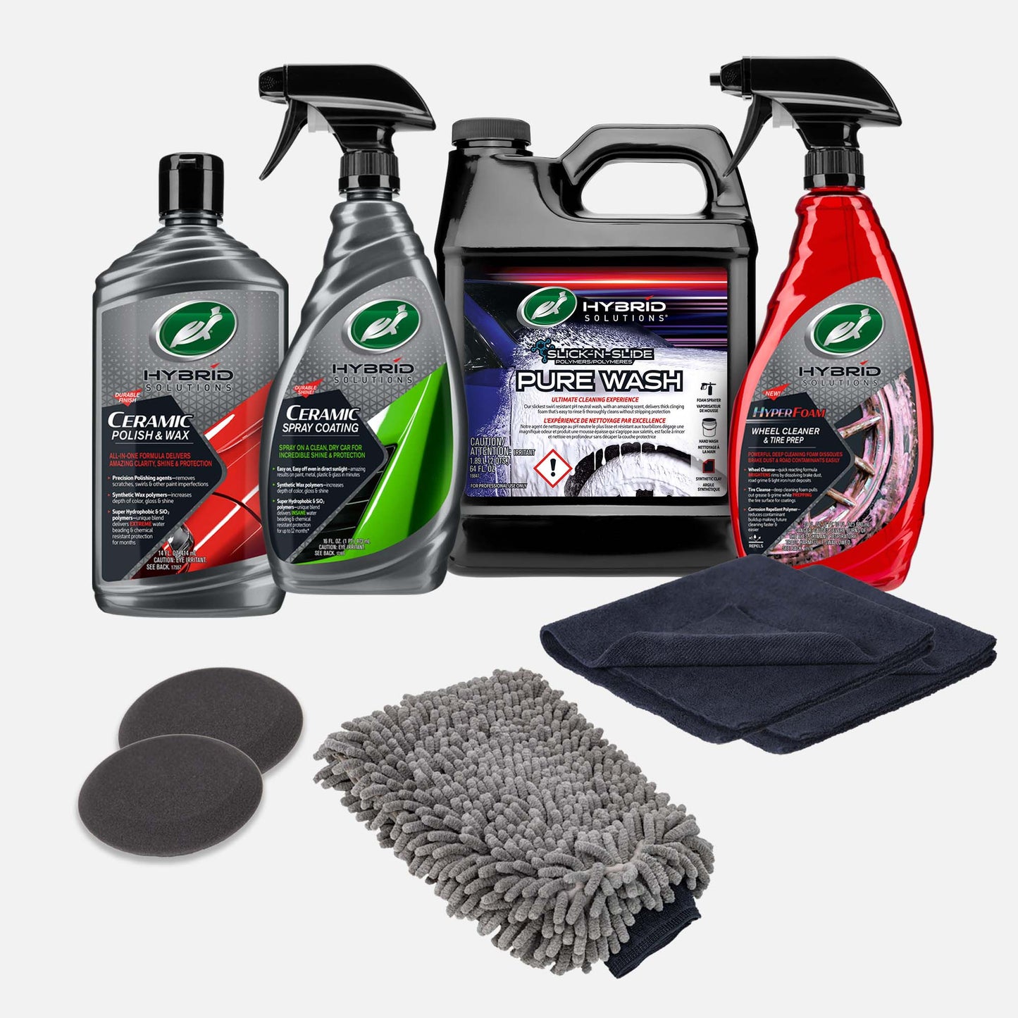 Turtle Wax car detailing kit for exterior care. Includes wheel cleaner, polish, coating, wash, mitts, pads & brush. USA optimized.