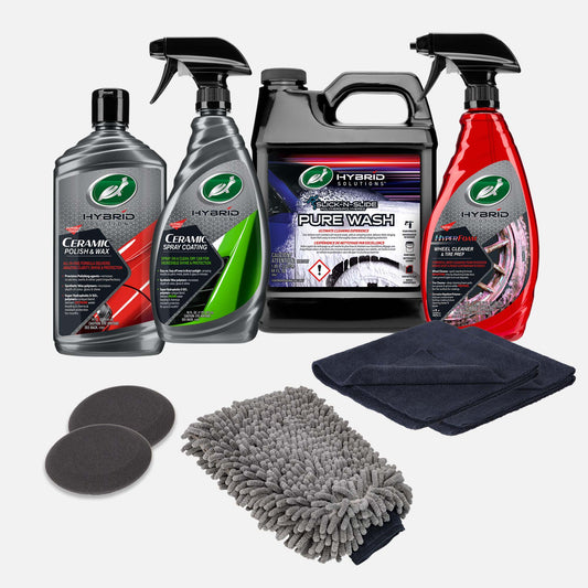 Turtle Wax car detailing kit for exterior care. Includes wheel cleaner, polish, coating, wash, mitts, pads & brush. USA optimized.