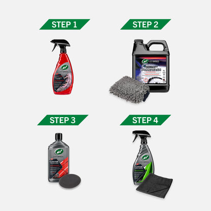 Car detailing products displayed. Turtle Wax wheel cleaner, car wash, ceramic polish & spray coating are shown with applicator pads & brush.