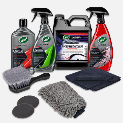 Turtle Wax car detailing kit for exterior care. Includes wheel cleaner, polish, coating, wash, mitts, pads & brush. USA optimized.