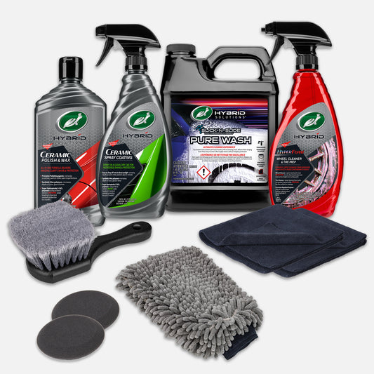 Turtle Wax car detailing kit for exterior care. Includes wheel cleaner, polish, coating, wash, mitts, pads & brush. USA optimized.