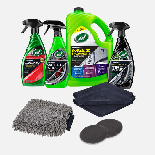 Turtle Wax car detailing kit for auto cleaning & care. Includes wash, wax, wheel cleaner, tire shine, brush, microfiber towels. US auto care.