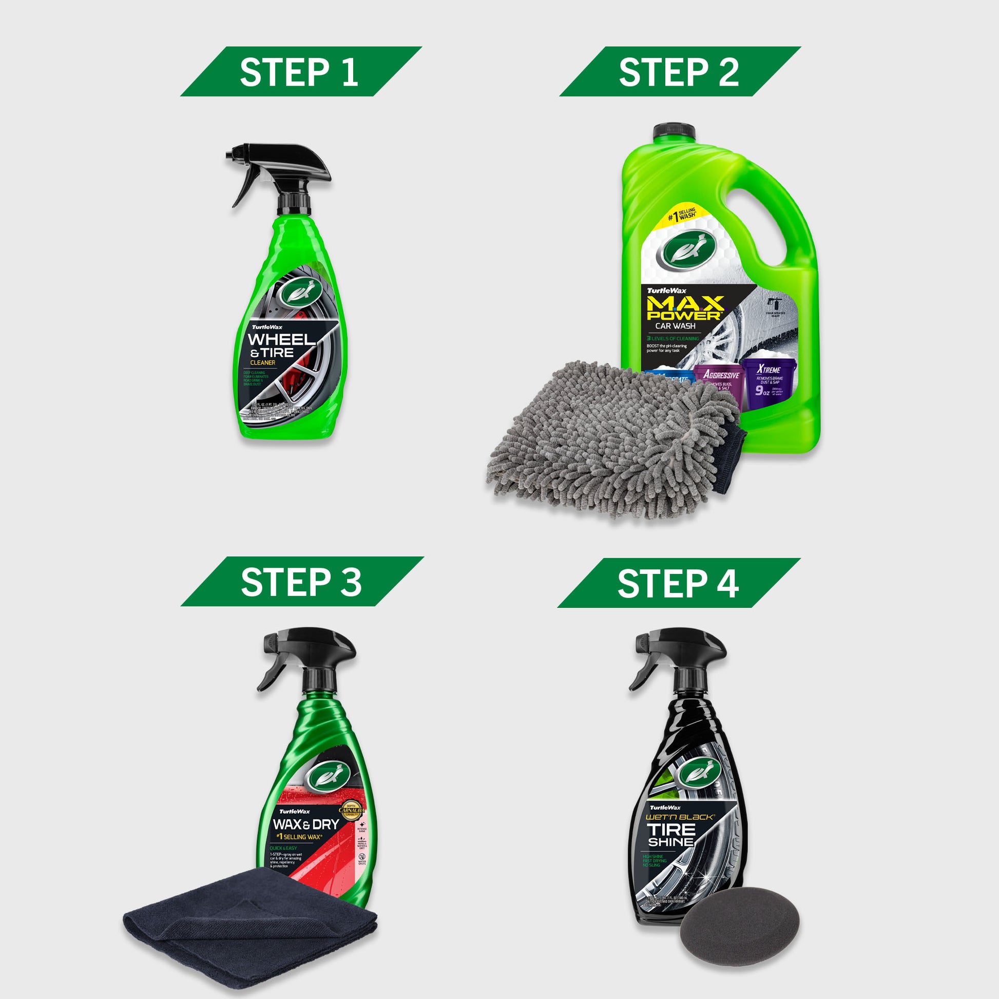 Turtle Wax auto detailing kit. Steps include wheel cleaner, car wash, wax & dry, and tire shine. Microfiber cloths & a brush included.