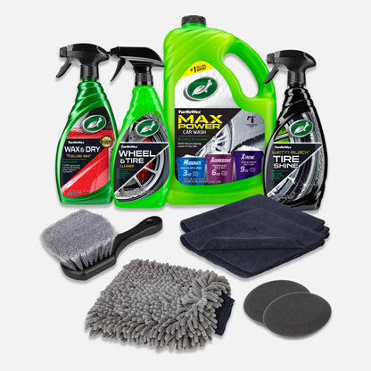 Turtle Wax car detailing kit for auto cleaning & care. Includes wash, wax, wheel cleaner, tire shine, brush, microfiber towels. US auto care.