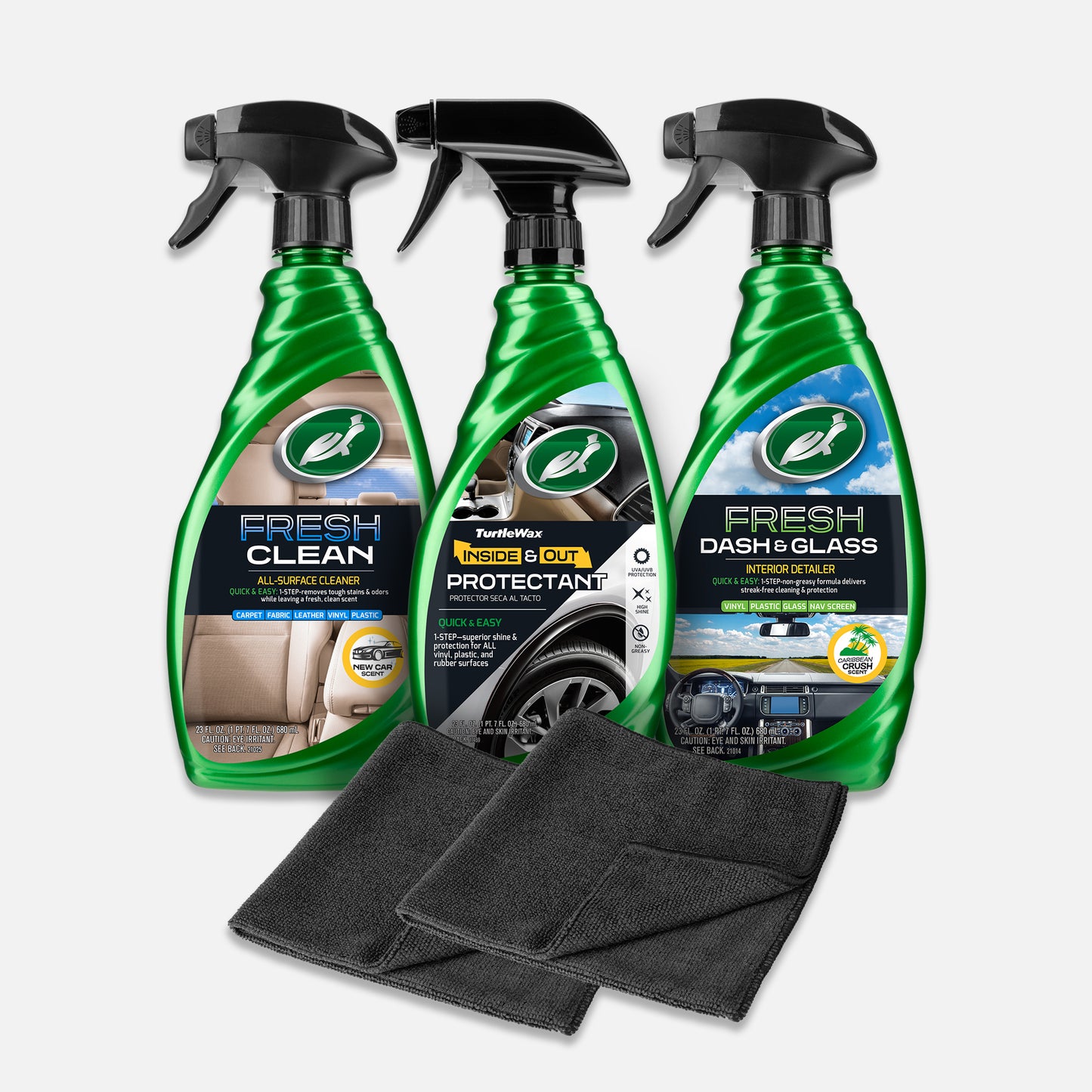 Turtle Wax Interior Car Cleaning Kit includes all-surface cleaner, protectant, glass cleaner, and microfiber cloths for auto detailing.