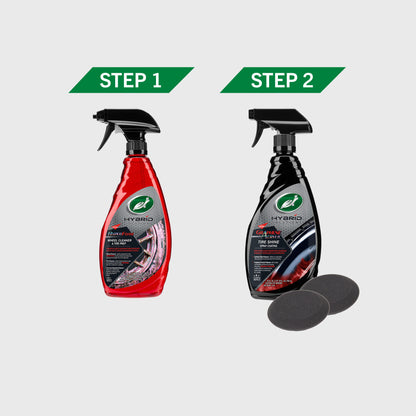 Two-step wheel & tire care: Turtle Wax Hybrid Solutions Hyperfoam Wheel Cleaner with brush, Graphene Acrylic Tire Shine with applicators.