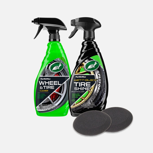 Turtle Wax car care: wheel cleaner and tire shine set. Includes cleaning brush and applicator pads. Car detailing products.