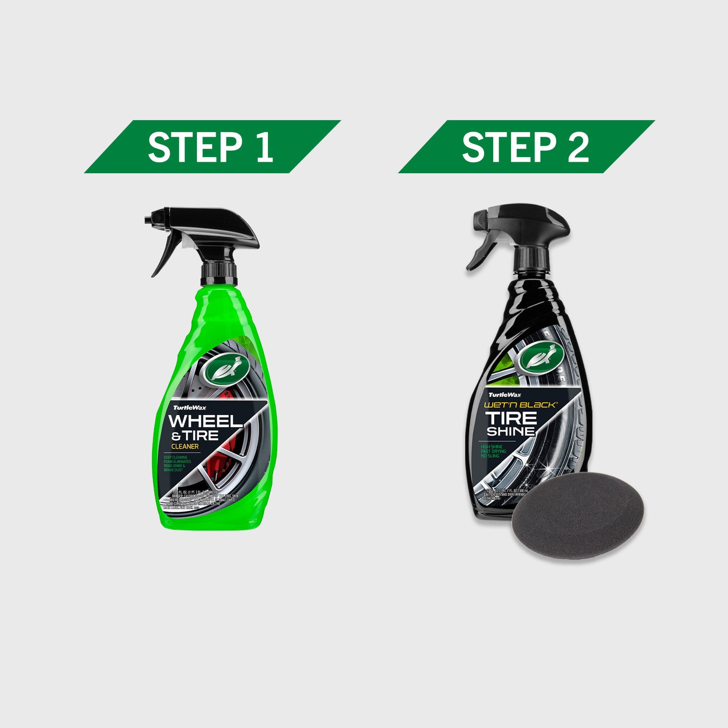 Turtle Wax shows two-step wheel & tire care: Step 1, cleaning spray with brush. Step 2, black wet tire shine spray with applicator.