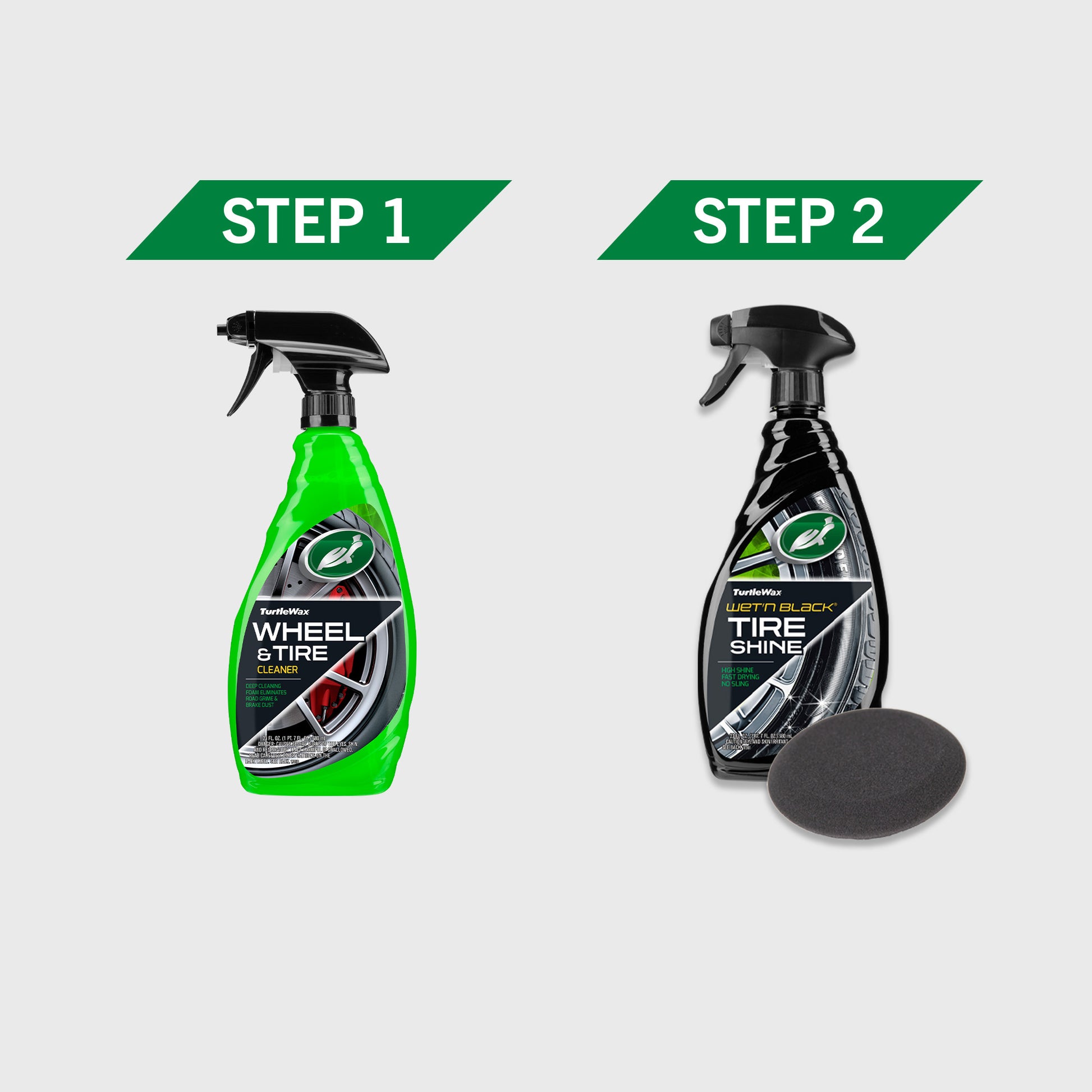 Turtle Wax shows two-step wheel & tire care: Step 1, cleaning spray with brush. Step 2, black wet tire shine spray with applicator.