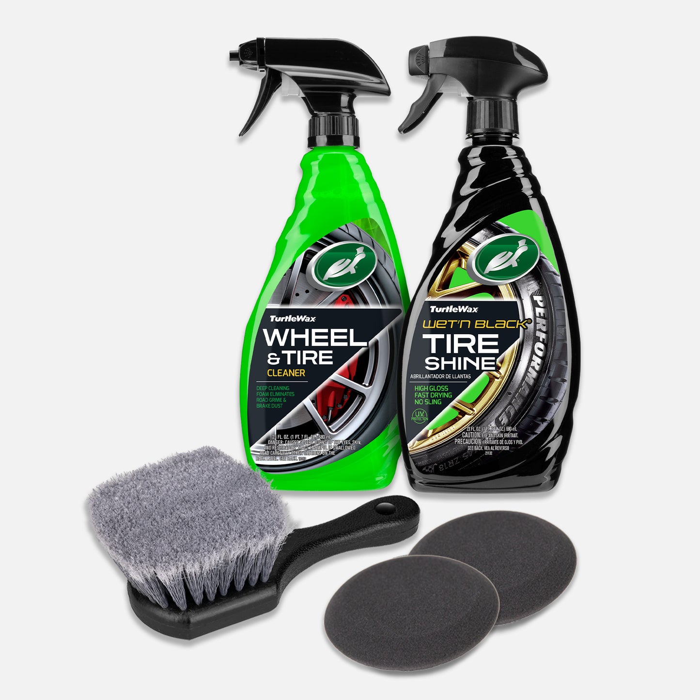 Turtle Wax car care: wheel cleaner and tire shine set. Includes cleaning brush and applicator pads. Car detailing products.