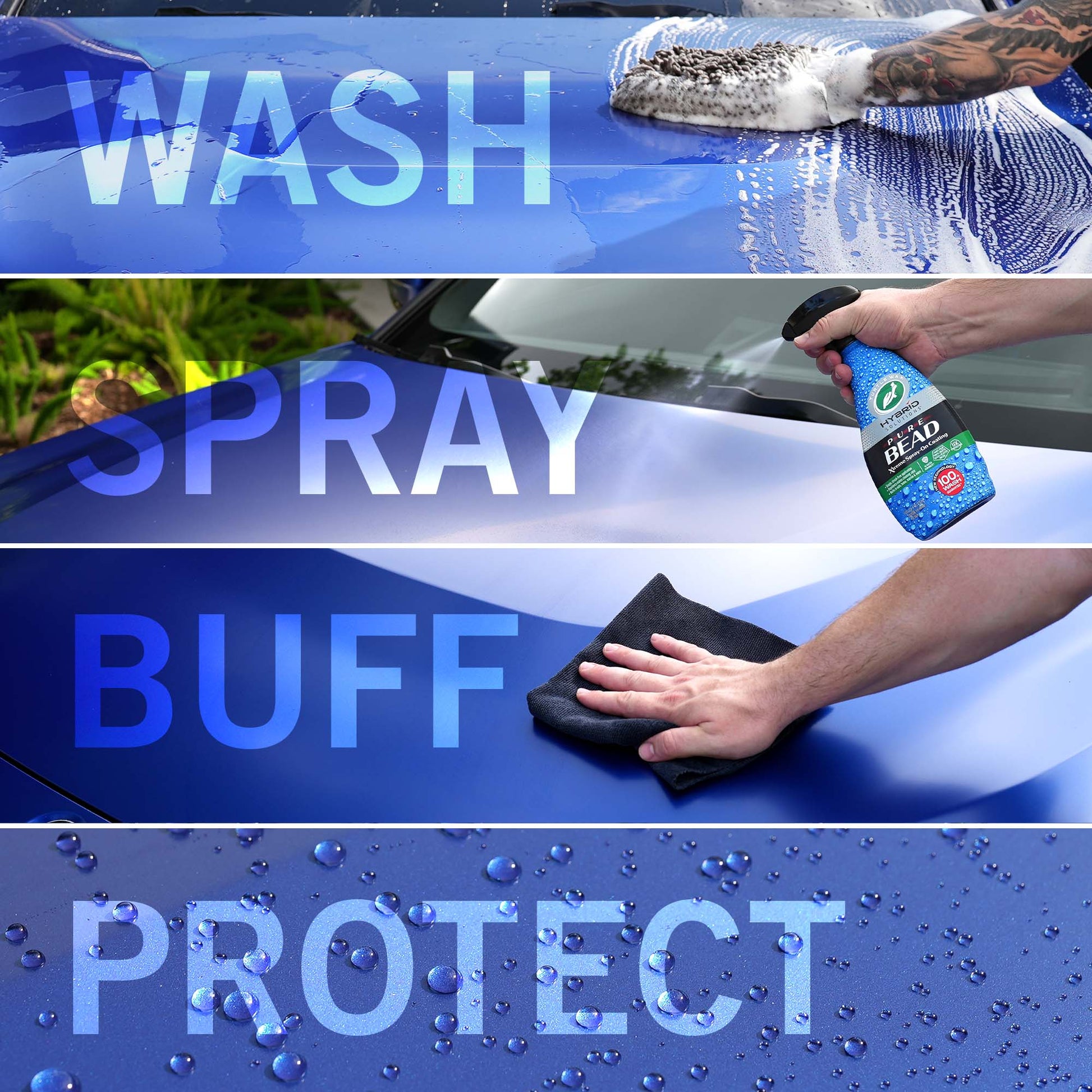 Steps to wash a car with text overlay: Wash, Spray, Buff, Protect.