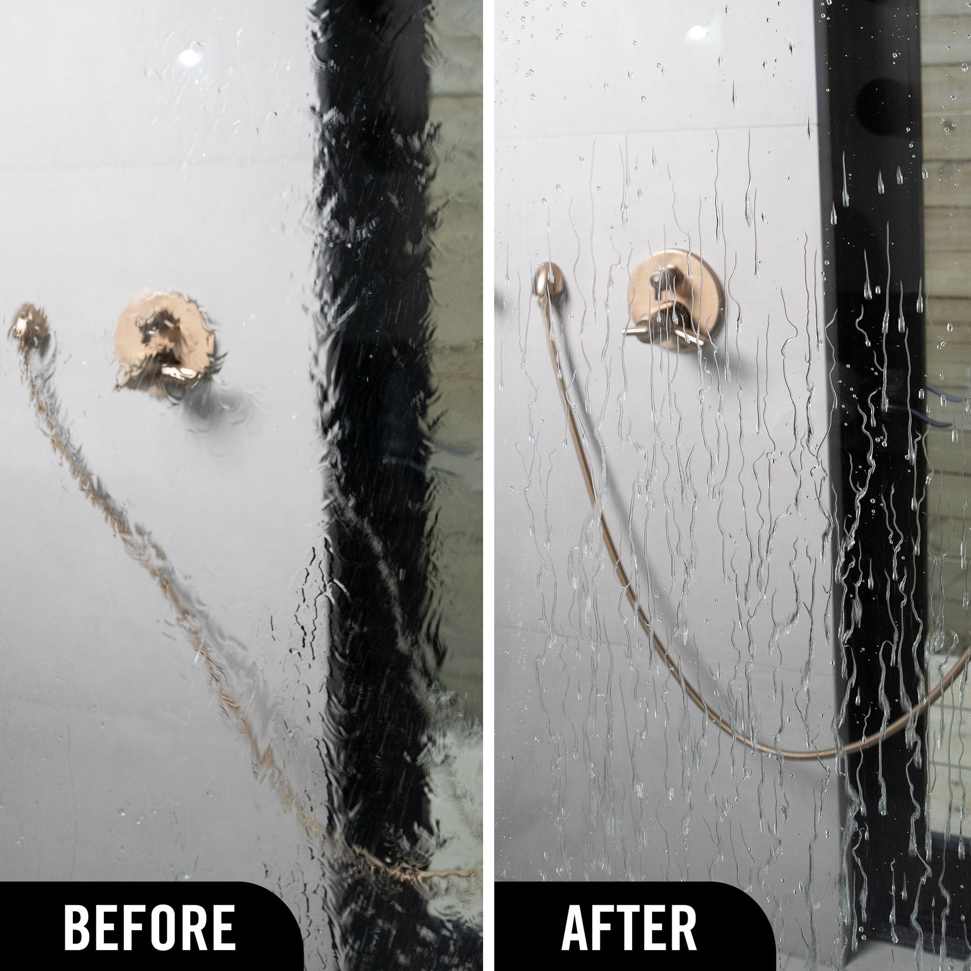 Before and after comparison of a shower head with water stains on a glass door.