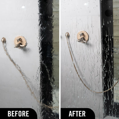 Before and after comparison of a shower head with water stains on a glass door.