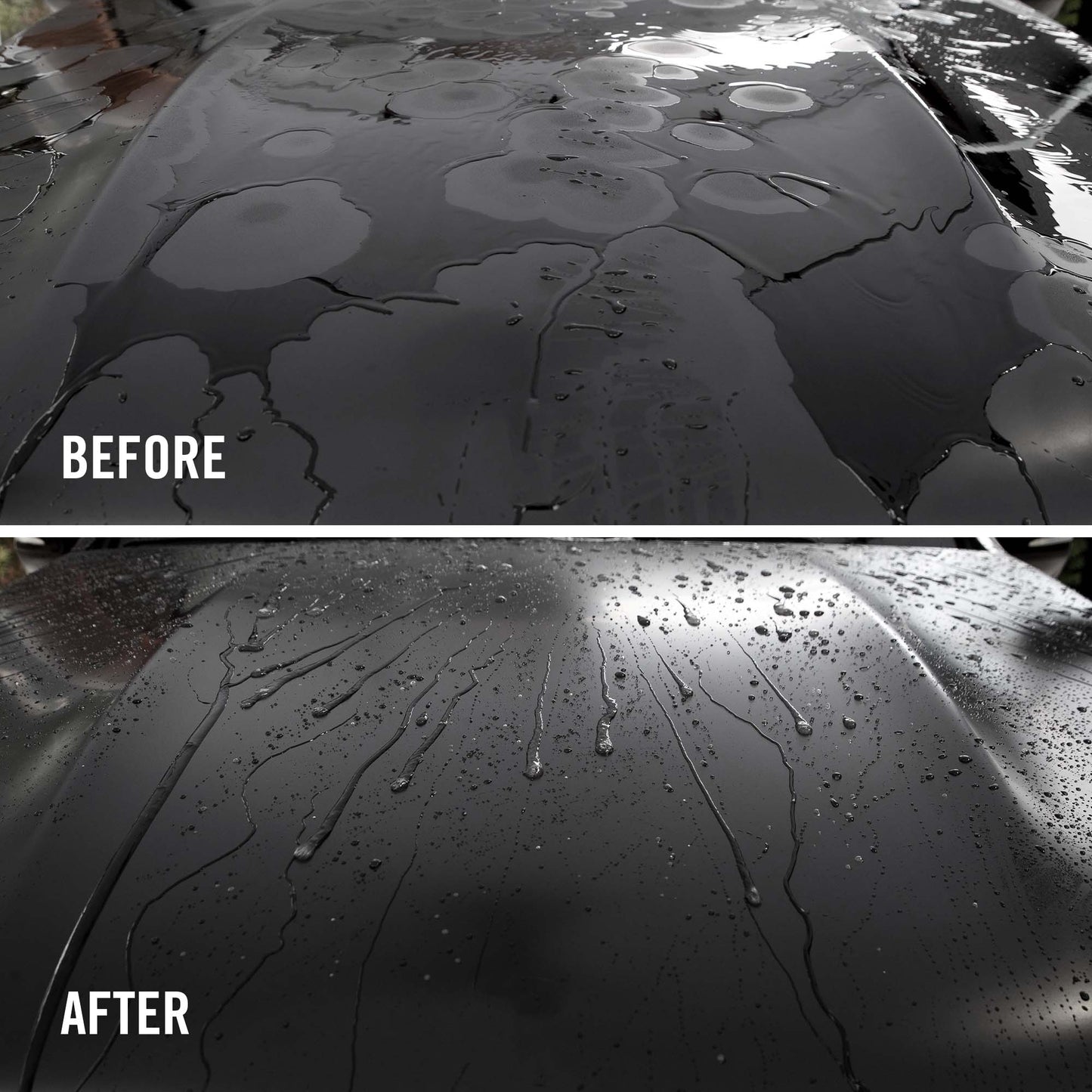 Before and after comparison of a car's paint surface with visible cracks and imperfections.