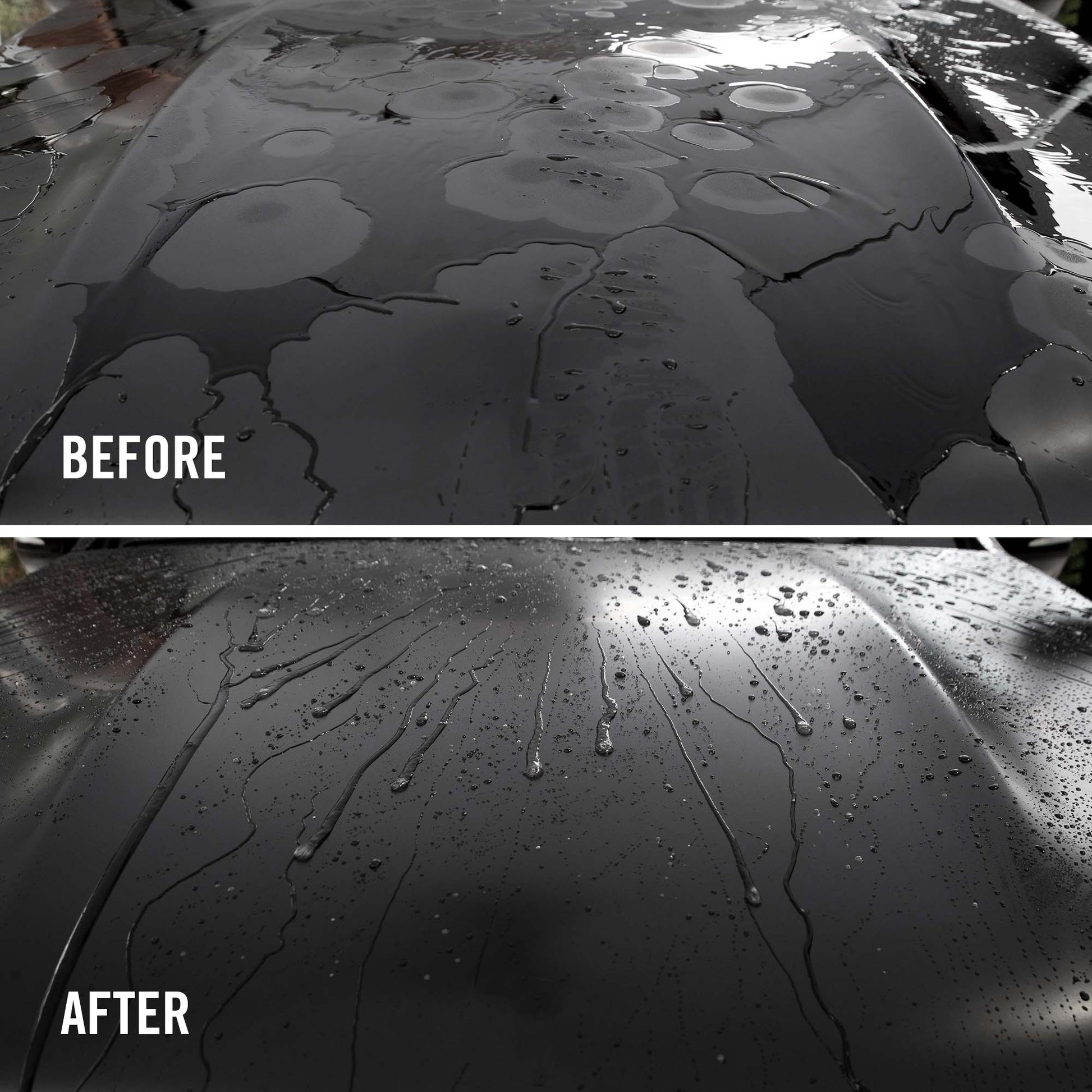 Before and after comparison of a car's paint surface with visible cracks and imperfections.