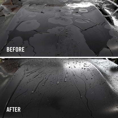 Before and after comparison of a car's paint surface with visible cracks and imperfections.