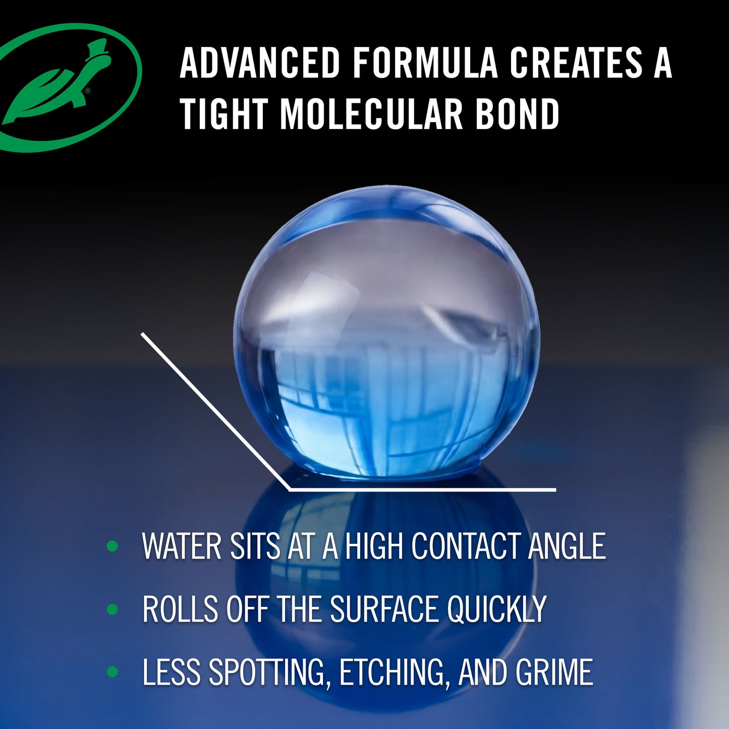 Blue glass sphere with text about advanced formula creating a tight molecular bond on a dark background.