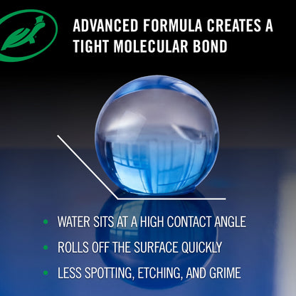 Blue glass sphere with text about advanced formula creating a tight molecular bond on a dark background.