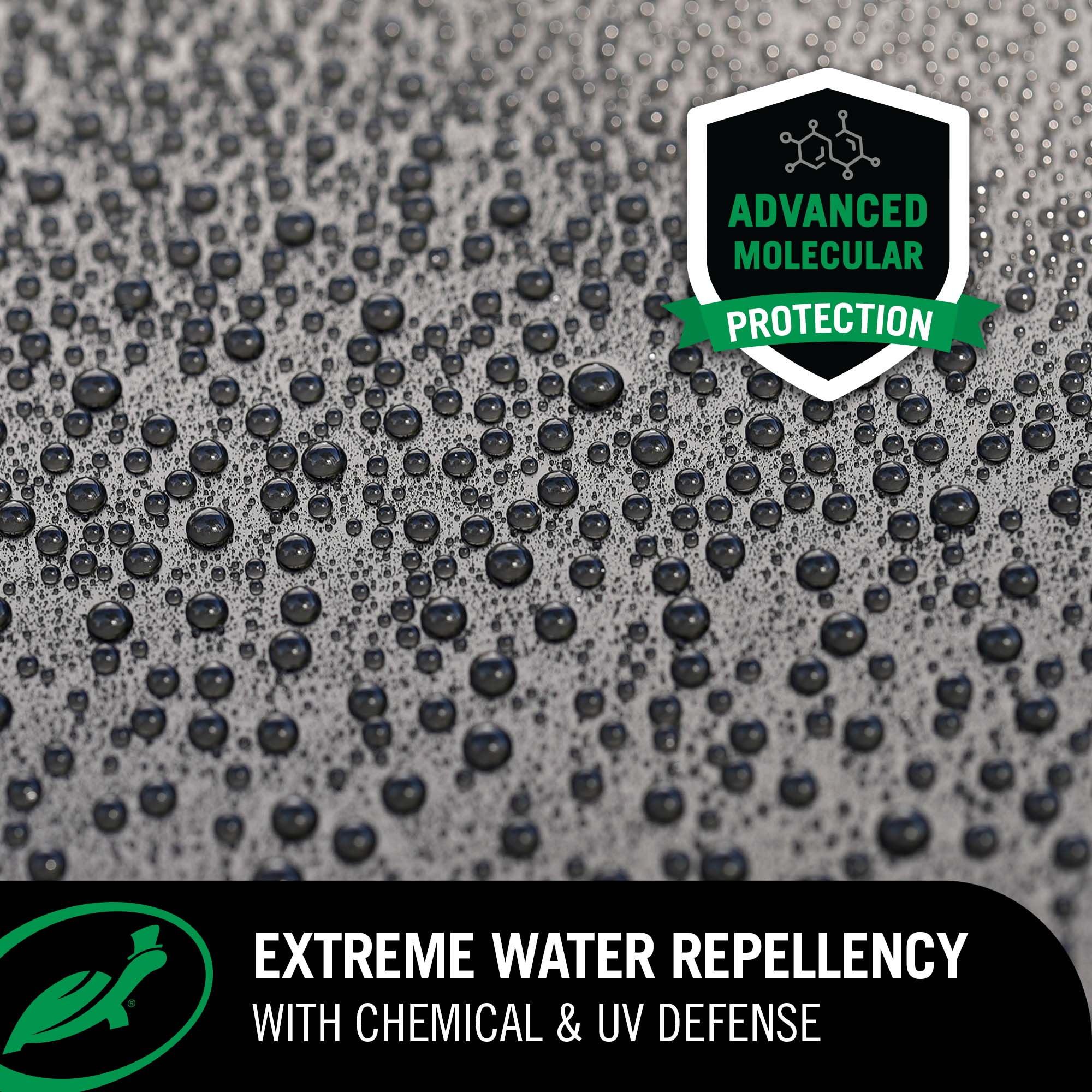 Textured surface with water droplets and 'Advanced Molecular Protection' logo, emphasizing extreme water repellency.